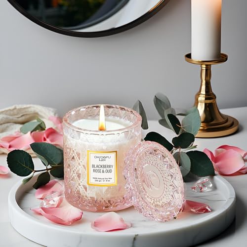 Chloefu LAN Rose Scented Candle, Oud Candle, Mothers Day Candles Gifts for Women, Pink Candles for Home Scented, 55 Hours Long Burning, 100% Natural Soy Wax - Image 4