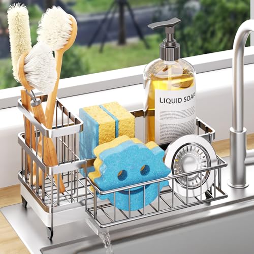 Consumest Sponge Holder for Kitchen Sink Auto Draining Sink Caddy Organizer with Detachable Rack High Brush Holder Kitchen Countertop Storage Accessories Silver - Image 1