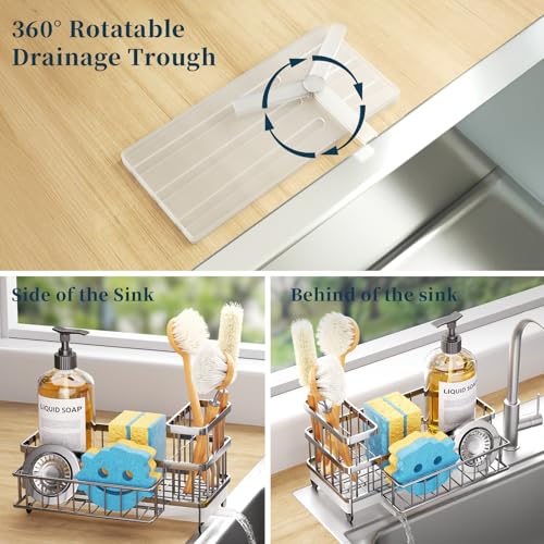 Consumest Sponge Holder for Kitchen Sink Auto Draining Sink Caddy Organizer with Detachable Rack High Brush Holder Kitchen Countertop Storage Accessories Silver - Image 3