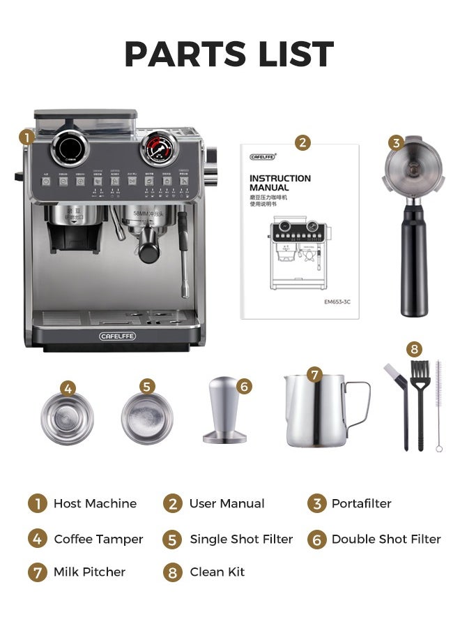 Cafelffe - Barista Espresso Machine With Double Boilers And Double Pumps Household And Commercial Dual Use Espresso Coffee Maker With Grinder All-In-One 2.5L - Image 1