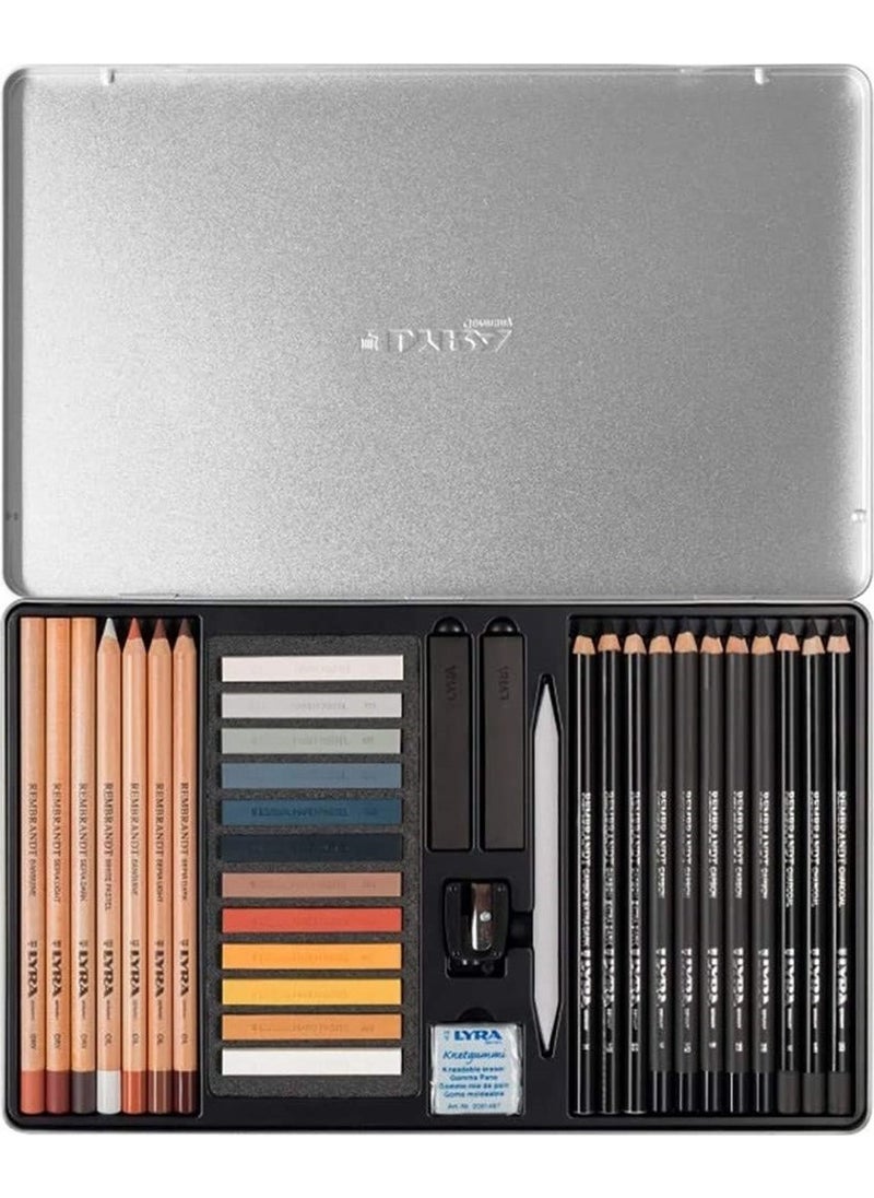 Lyra Sketching Charcoal Drawing Set 35 Pieces Metal Box 