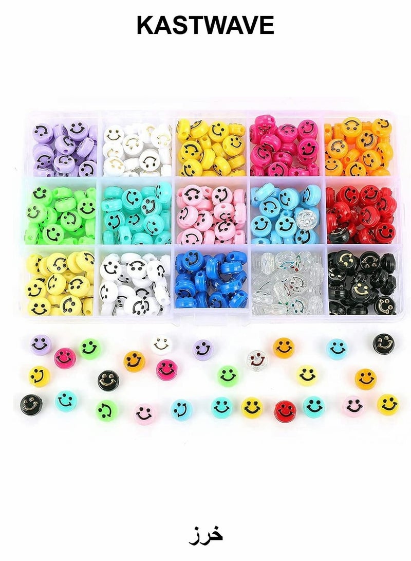 KASTWAVE Smiley Face Beads Kit, 300 Pcs 15 Colors Mixed Smiley Heishi Preppy Flat Round Beads with Crystal String, for Jewelry Making Bracelet Earring Necklace DIY Craft Supplies Hair Accessories - Image 1
