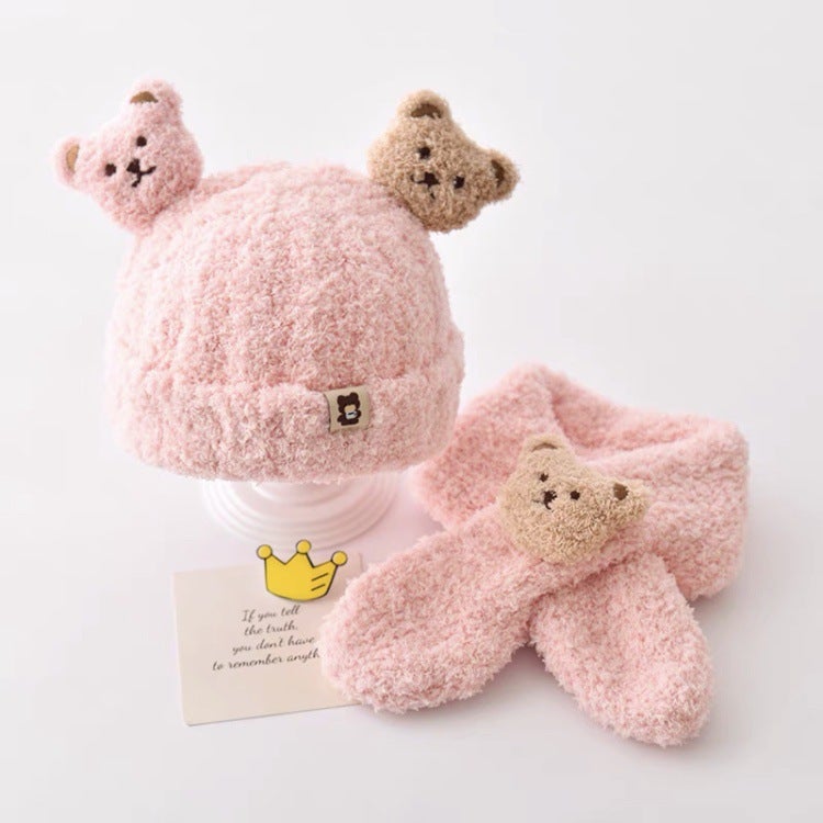 Baby hat autumn and winter plush scarf two-piece set baby boys and girls bear cute warm thickened baby hat Pink  - Image 1