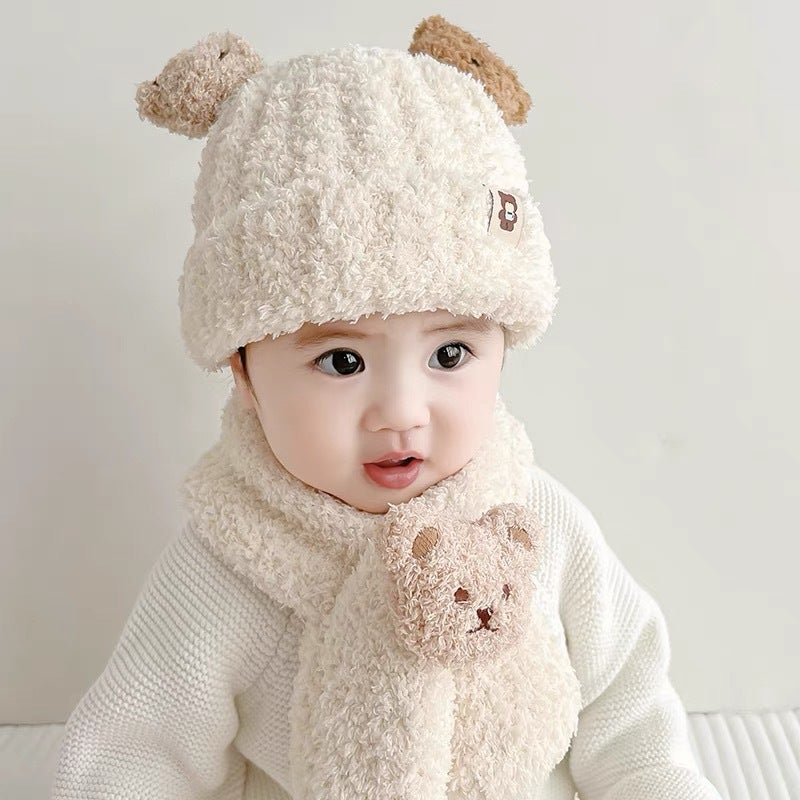 Baby hat autumn and winter plush scarf two-piece set baby boys and girls bear cute warm thickened baby hat Pink  - Image 2