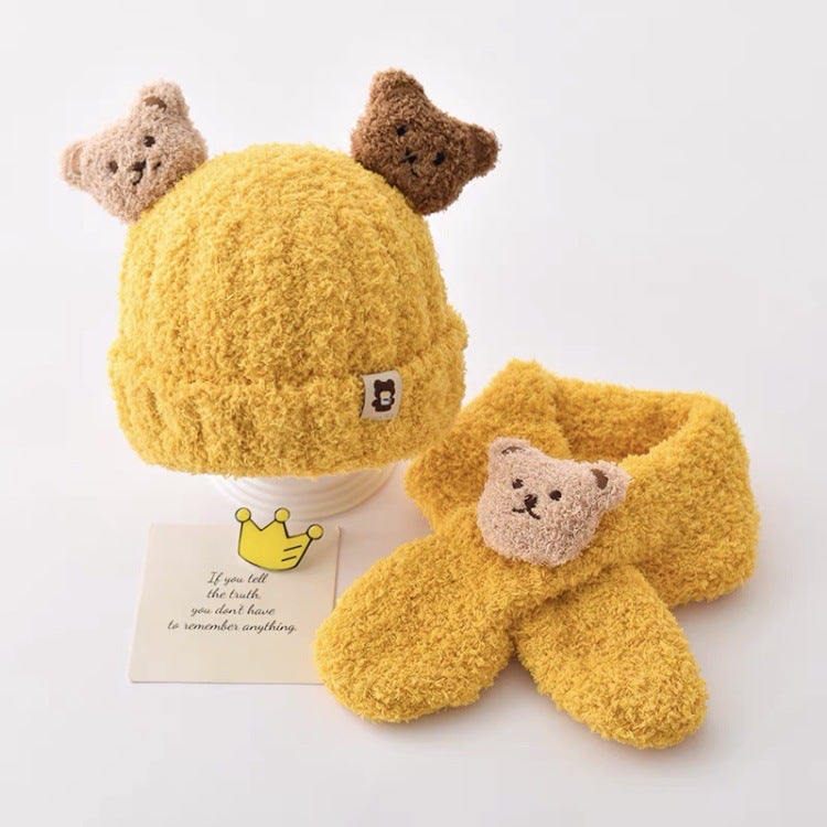 Baby hat autumn and winter plush scarf two-piece set baby boys and girls bear cute warm thickened baby hat Pink  - Image 5