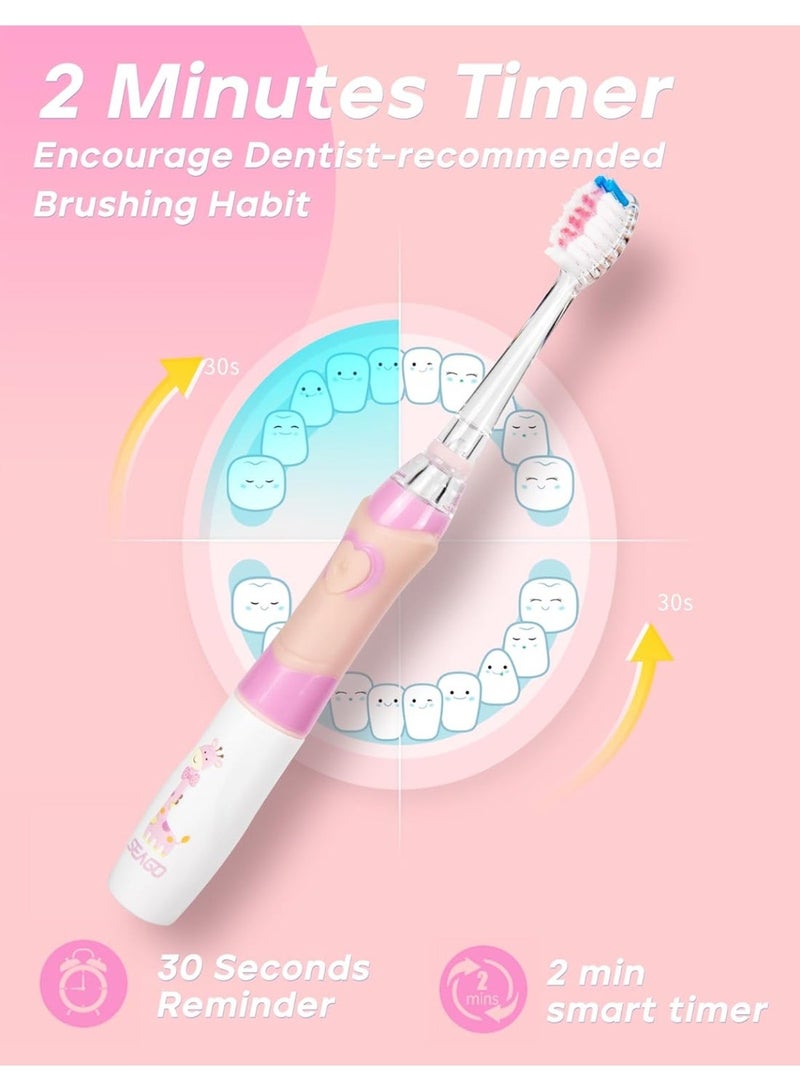 سيجو فرشاة أسنان كهربائية للأطفال من سيجو، مزودة بمؤقت تنظيف لمدة دقيقتين و8 رؤوس فرشاة بديلة، وإضاءة LED بألوان قوس قزح تجعل تنظيف الأسنان ممتعًا، لون وردي، فرشاة أسنان تعمل بالبطارية للبنات من عمر 4 إلى 12 سنة - Image 4
