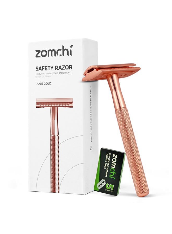 zomchi شفرة حلاقة آمنة للرجال والنساء مع 5 شفرات حلاقة مزدوجة الحافة، شفرة مزدوجة الحافة، شفرة قابلة لإعادة الاستخدام، خالية من البلاستيك - ذهبية وردية - Image 1