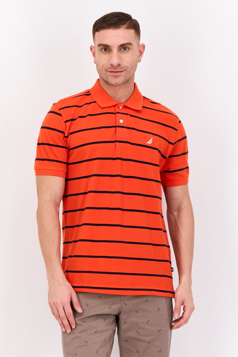NAUTICA Men Slim Fit Short Sleeves Stripe Polo Shirt, Orange - Image 1