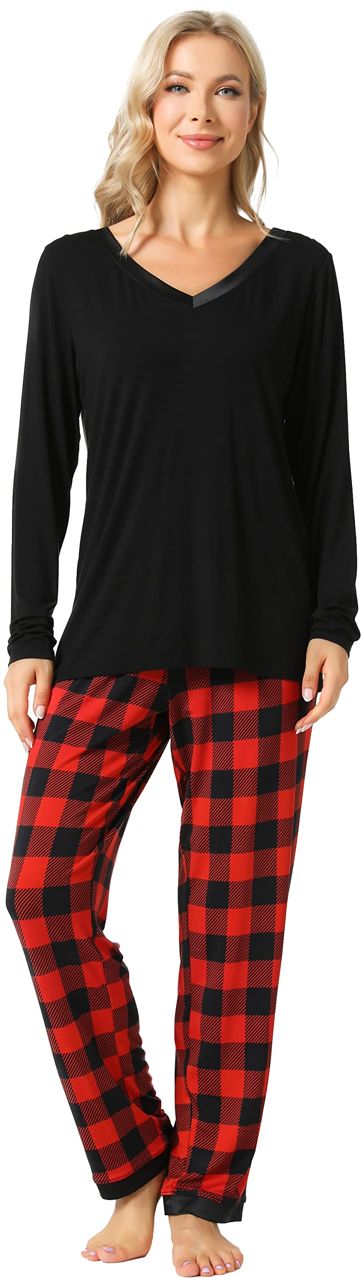 GYS Viscose from Bamboo Womens Pajama Sets Super Soft Long Sleeve Sleepwear Comfy Winter Pjs Sets S4X Red Buffalo Plaid XLarge
