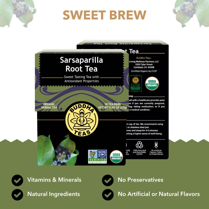 Buddha Teas - Organic Sarsaparilla Root Tea - Herbal Tea - Digestion & Skin Health - With Antioxidants & Minerals - Clean Ingredients - Caffeine Free - OU Kosher - 18 Tea Bags (Pack of 1) - Image 2