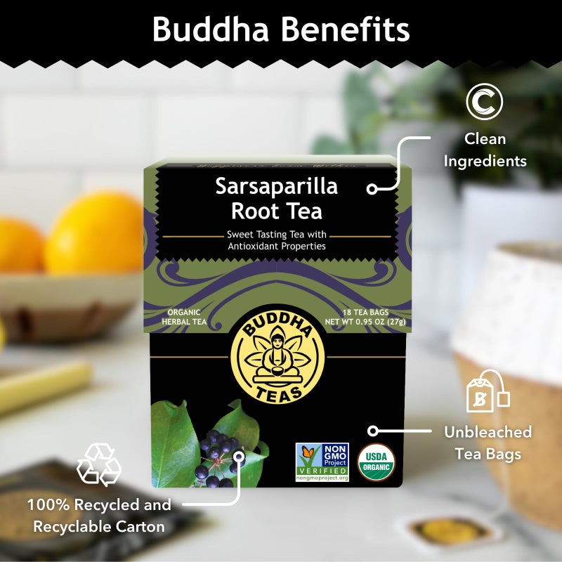 Buddha Teas - Organic Sarsaparilla Root Tea - Herbal Tea - Digestion & Skin Health - With Antioxidants & Minerals - Clean Ingredients - Caffeine Free - OU Kosher - 18 Tea Bags (Pack of 1) - Image 5