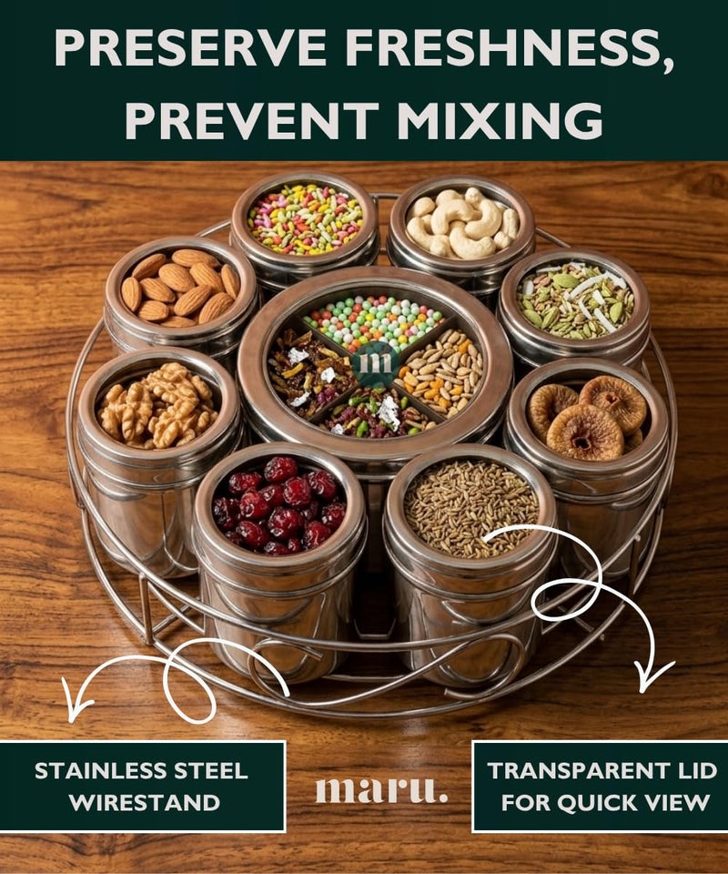 MARU 12IN1 Steel Masala Box/Dani with Wirestand, 8 Small Containers & 1 Big Middle with Partition, Airtight Push & See-Through Lid, Multipurpose Spice, Dry Fruit & Herb Storage Organizer for Kitchen - Image 3
