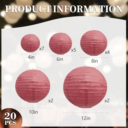 Zankubom 20Pcs Burgundy Paper Lanterns for Parties 6 8 10 12 Chinese Asian Hanging Round Paper Lanterns for Birthday Wedding Halloween Christmas Home Decor Party Decor - Image 3