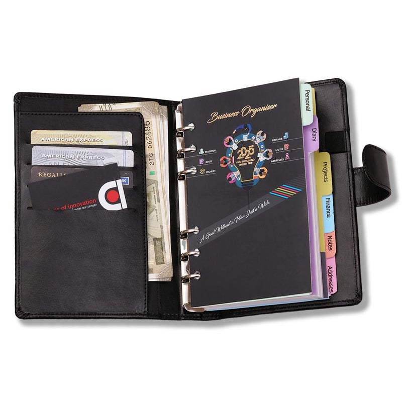 Peeplvalue Premium Black leather organiser 2025 I6 ring notebook with leather black color cover and Refillable Loose Leaf Personal Planner Organizer Binder with Magnetic Buckle, (Black,A5 Size) (Pack of 4) - Image 5