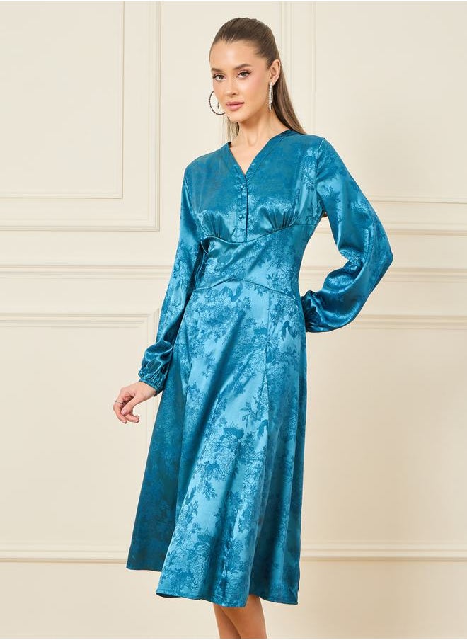 Styli - Satin Jacquard Print A-Line Midi Dress - Image 1