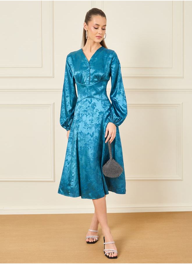 Styli - Satin Jacquard Print A-Line Midi Dress - Image 1