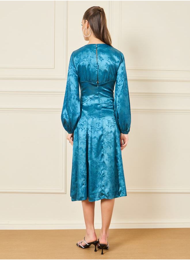 Styli - Satin Jacquard Print A-Line Midi Dress - Image 1