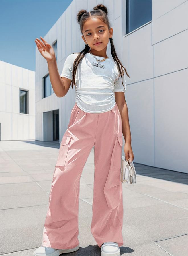 Take Two Girls Solid Ruching Detail T-Shirt and Cargo Pants Set - Image 2