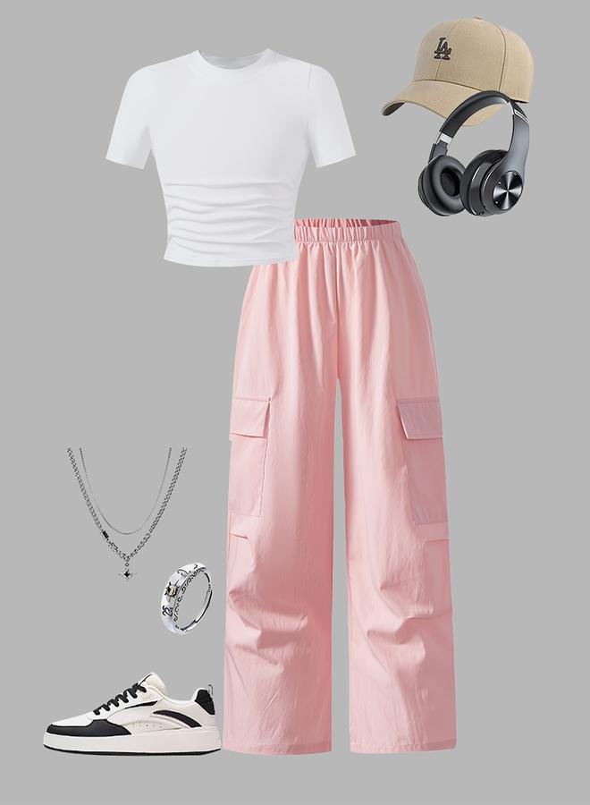 Take Two Girls Solid Ruching Detail T-Shirt and Cargo Pants Set - Image 3