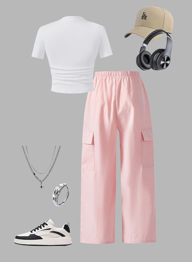 Take Two Girls Solid Ruching Detail T-Shirt and Cargo Pants Set - Image 4