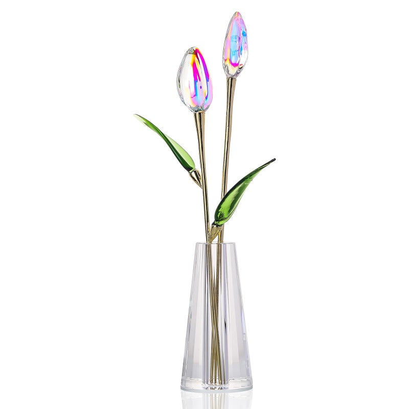 LONGWIN Crystal Tulips Flower Figurine Collectible with Vase Glass Spring Bouquet Flowers with Stem Home Decor Gift for Women Mom - Image 1