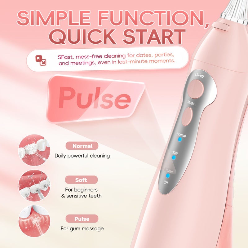 Pink Portable Water Flosser Oral Care IPX7 Waterproof 360 Degree Rotating Nozzle With 4 Replacement Nozzles For Home Travel Thorough Oral Cleaning - Image 5
