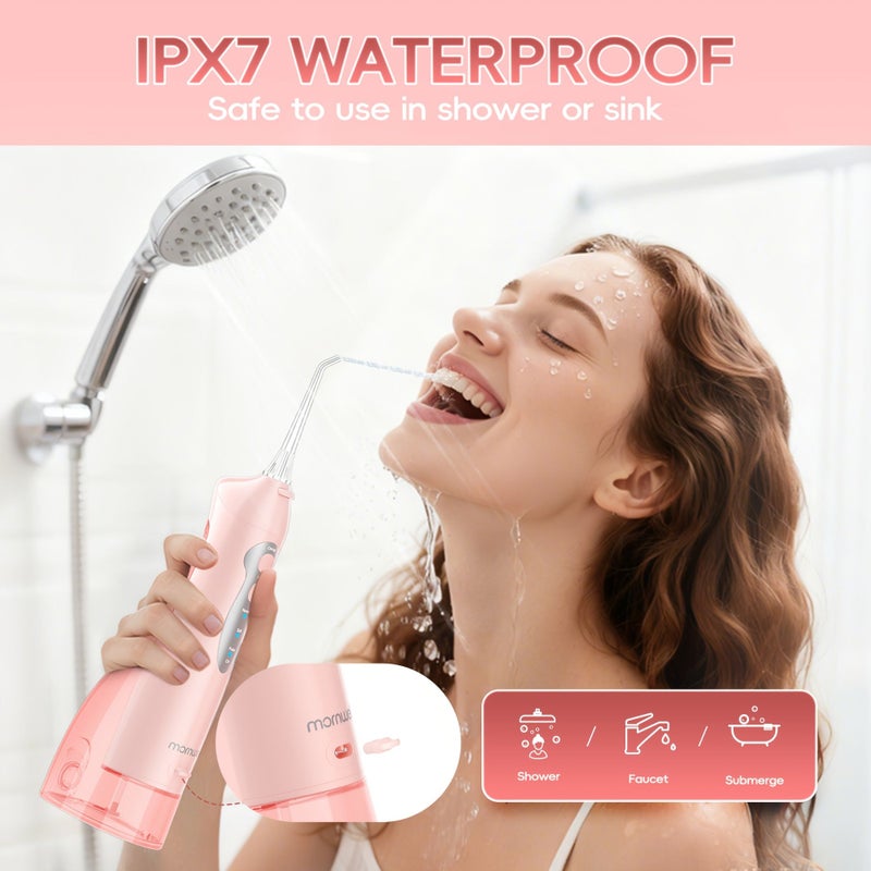 Pink Portable Water Flosser Oral Care IPX7 Waterproof 360 Degree Rotating Nozzle With 4 Replacement Nozzles For Home Travel Thorough Oral Cleaning - Image 2