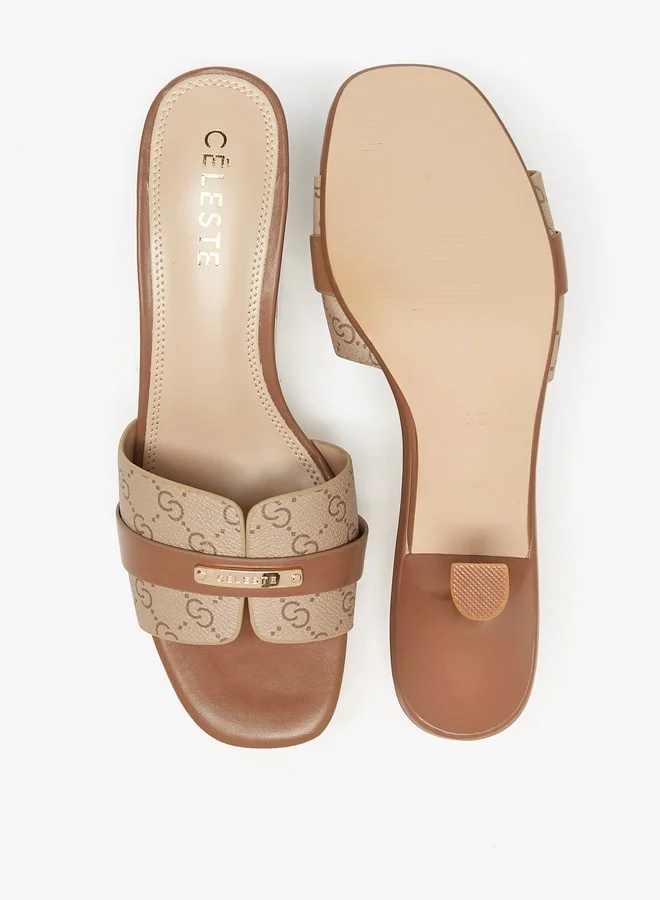 Celeste Womens Monogram Print Slip-On Sandals With Kitten Heels