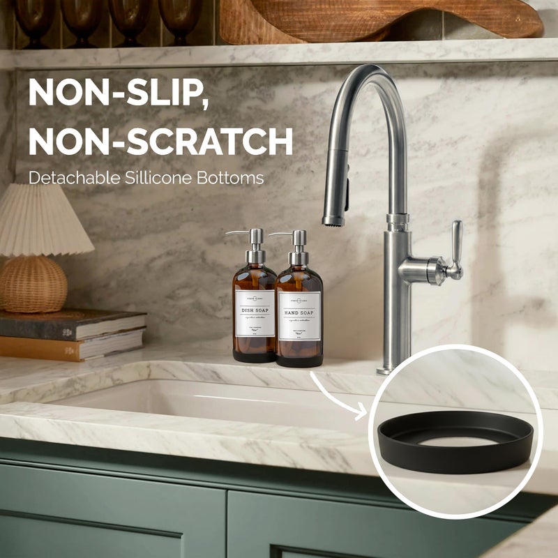 Vine Creations Amber Glass Soap Dispenser, 2 Pack Kitchen Soap Dispenser Set with Stainless Steel Pump, 16 oz Hand Soap or Dish Soap for Bathroom or Kitchen with Waterproof Labels - Image 3