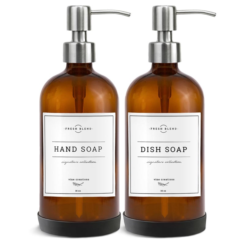 Vine Creations Amber Glass Soap Dispenser, 2 Pack Kitchen Soap Dispenser Set with Stainless Steel Pump, 16 oz Hand Soap or Dish Soap for Bathroom or Kitchen with Waterproof Labels - Image 1