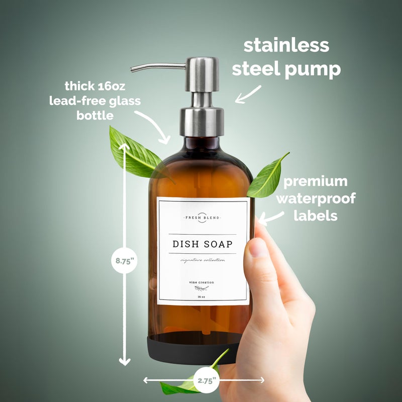 Vine Creations Amber Glass Soap Dispenser, 2 Pack Kitchen Soap Dispenser Set with Stainless Steel Pump, 16 oz Hand Soap or Dish Soap for Bathroom or Kitchen with Waterproof Labels - Image 5
