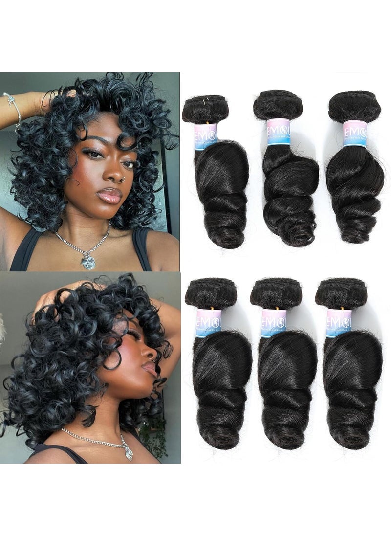 EMOL EMOL Loose Wave Bundles Human Hair Weave 3 Bundles Virgin Brazilian Loose Wavy Human Hair Weft Big Loose Spiral Wand Curls Short Hair Bundles Natural Black Human Hair Extensions 12 12 12 Inch 