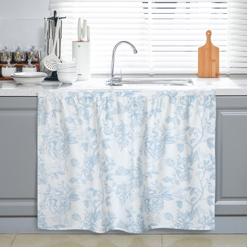 VitalCozy Cabinet Curtains 35" W x 35" L Sink Skirt for Bathroom Kitchen Blue Flower Floral Cabinet Curtains for Classroom Home Farmhouse Rustic Drape Under Desk Privacy Drape for Laundry Room - Image 1