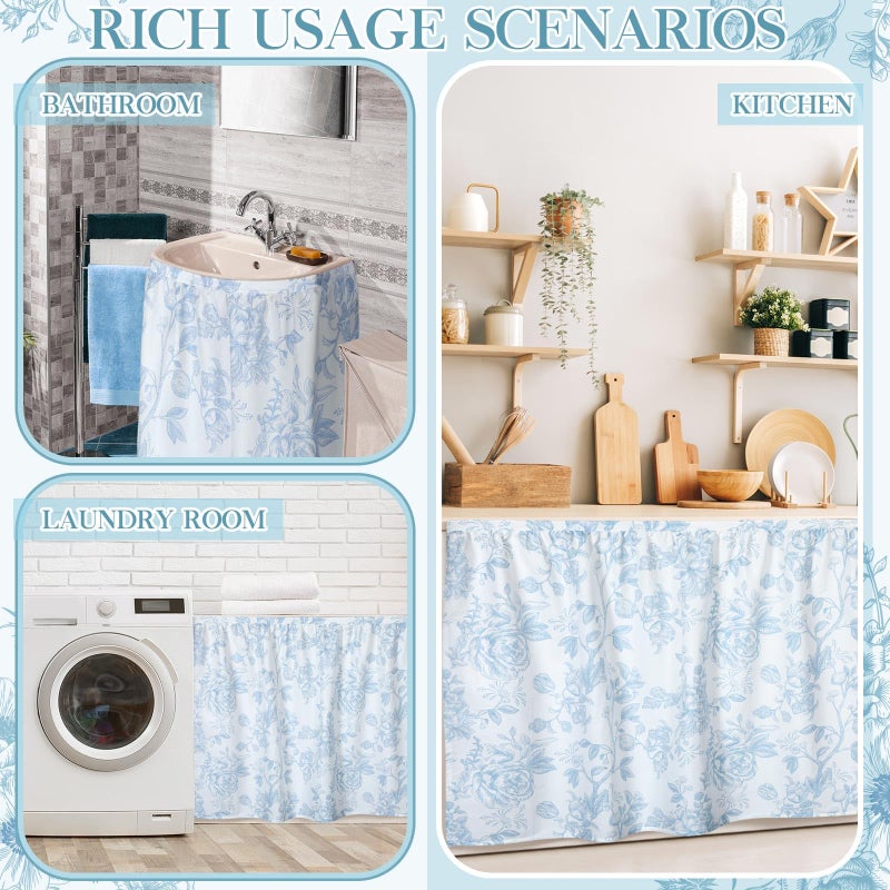 VitalCozy Cabinet Curtains 35" W x 35" L Sink Skirt for Bathroom Kitchen Blue Flower Floral Cabinet Curtains for Classroom Home Farmhouse Rustic Drape Under Desk Privacy Drape for Laundry Room - Image 4