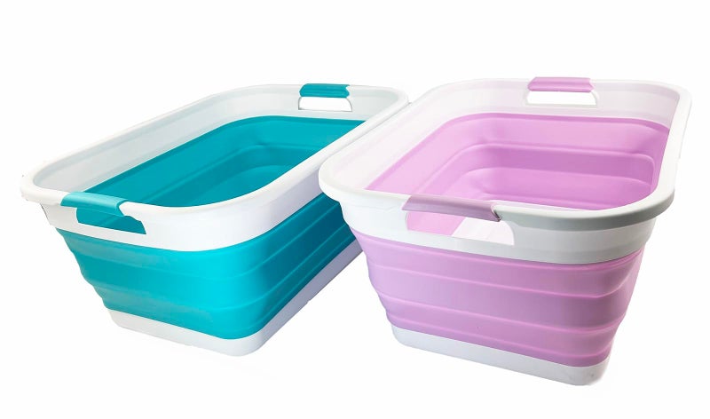 SAMMART 41L 108 gallon Collapsible Plastic Laundry Basket  Foldable Pop Up Storage ContainerOrganizer  Portable Washing Tub  Space Saving Rectangular Ceramic BluePale Purple Set of 2