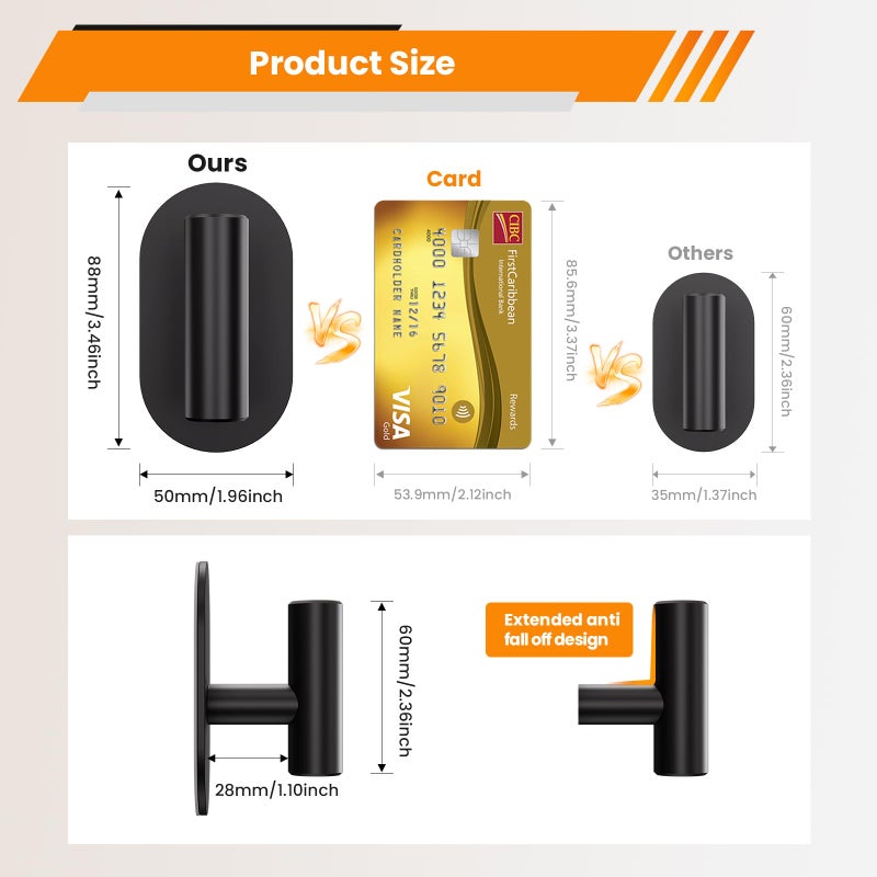 Aikzik Black Adhesive Hooks Heavy Duty, Wall Hooks for Shower, Bathroom, Towel, Coat, Robe, Stainless Steel Hooks for Hanging, Waterproof & Rustproof Sticky Hooks for Walls No Damage- 4 Pack - Image 3