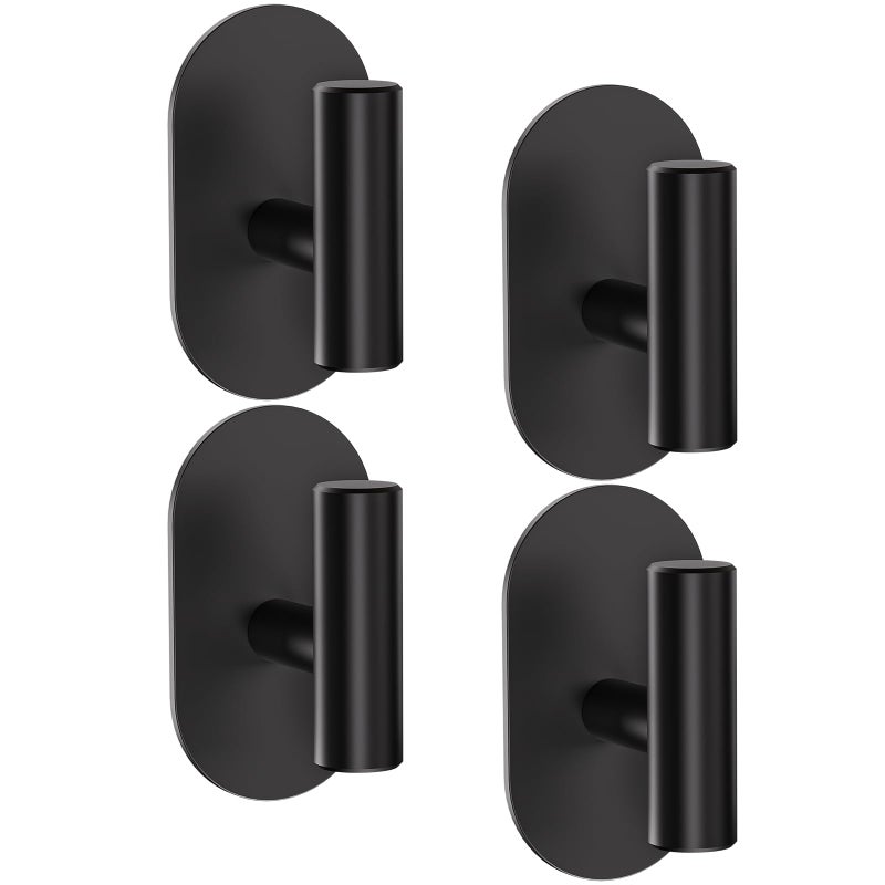 Aikzik Black Adhesive Hooks Heavy Duty, Wall Hooks for Shower, Bathroom, Towel, Coat, Robe, Stainless Steel Hooks for Hanging, Waterproof & Rustproof Sticky Hooks for Walls No Damage- 4 Pack - Image 1