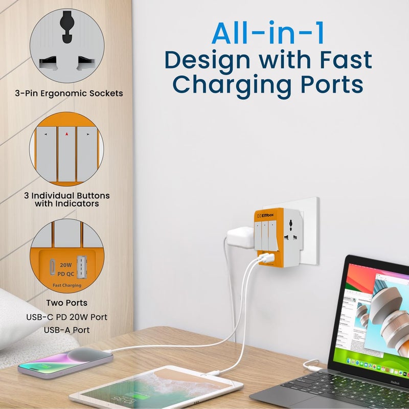 EMBOX محول متعدد المآخذ 3 دبابيس من نوع C PD مع مفتاح فردي | مقبس 3 دبابيس مع غطاء أمان وحماية من الارتفاعات الكهربائية | تمديد 3 مآخذ للاستخدام المنزلي والمكتبي والسفر-5A-250V - Image 2