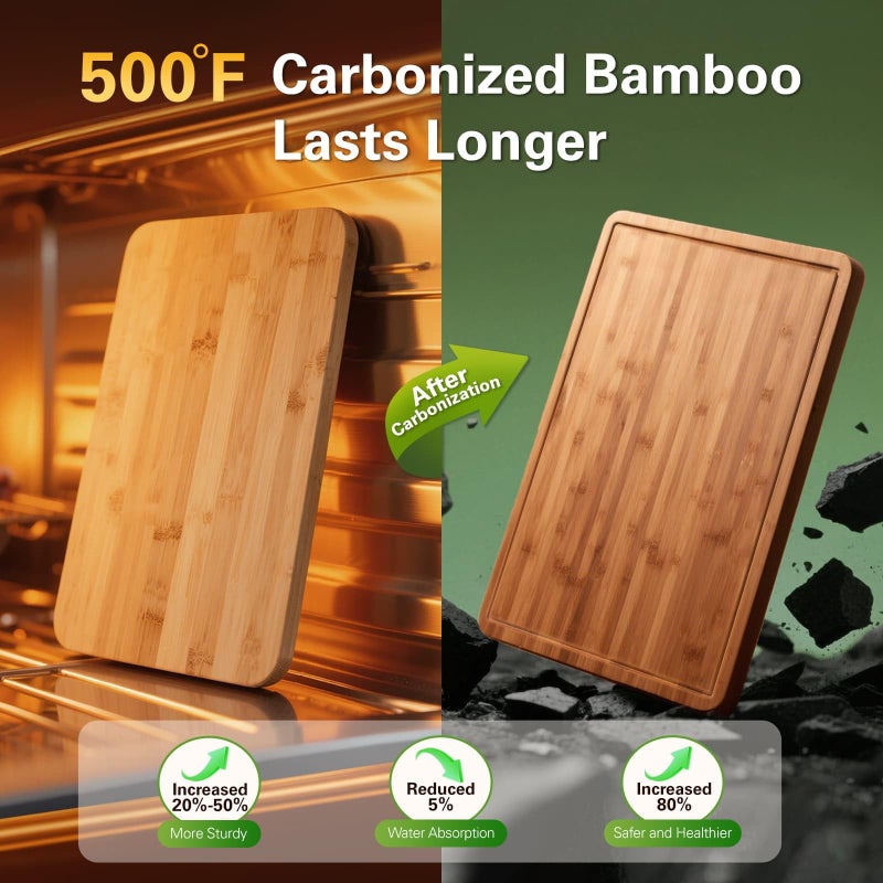 Zarler Bamboo Cutting Boards for Kitchen, Durable Wood Cutting Board with Juice Grooves and Handles, Wooden Chopping Board Set for Meal Prep, 500â„‰ Carbonized Bamboo, XL Size, Ideal Kitchen Gift - Image 2