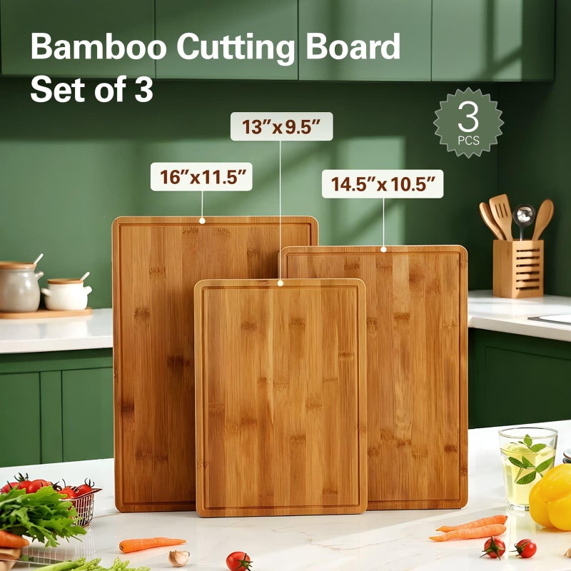 Zarler Bamboo Cutting Boards for Kitchen, Durable Wood Cutting Board with Juice Grooves and Handles, Wooden Chopping Board Set for Meal Prep, 500â„‰ Carbonized Bamboo, XL Size, Ideal Kitchen Gift - Image 4