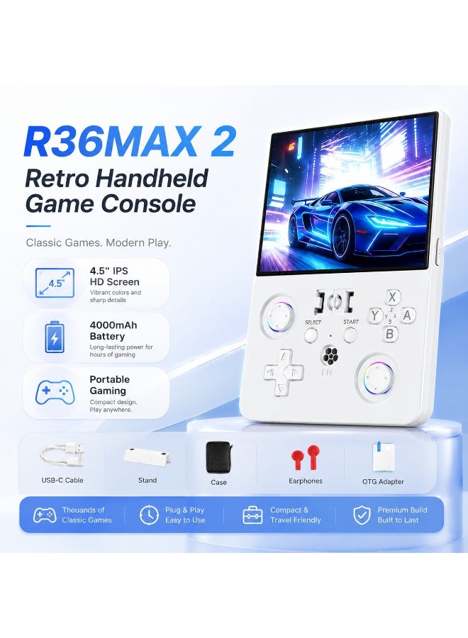 ELTRAZONE R36MAX 2 وحدة تحكم ألعاب محمولة ريترو 4.5 بوصة IPS HD جهاز ألعاب محمول 1.5GHz معالج عالي السرعة بطارية 4000mAh دعم 30+ محاكي لاعب ألعاب أركيد ريترو كلاسيكية باللون الأبيض - Image 4