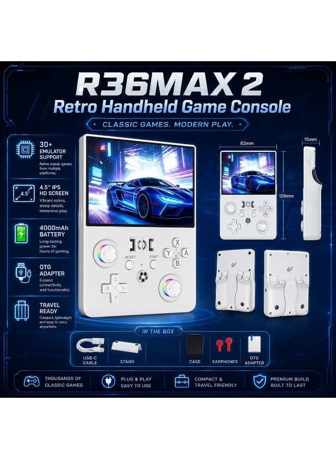 ELTRAZONE R36MAX 2 وحدة تحكم ألعاب محمولة ريترو 4.5 بوصة IPS HD جهاز ألعاب محمول 1.5GHz معالج عالي السرعة بطارية 4000mAh دعم 30+ محاكي لاعب ألعاب أركيد ريترو كلاسيكية باللون الأبيض - Image 2