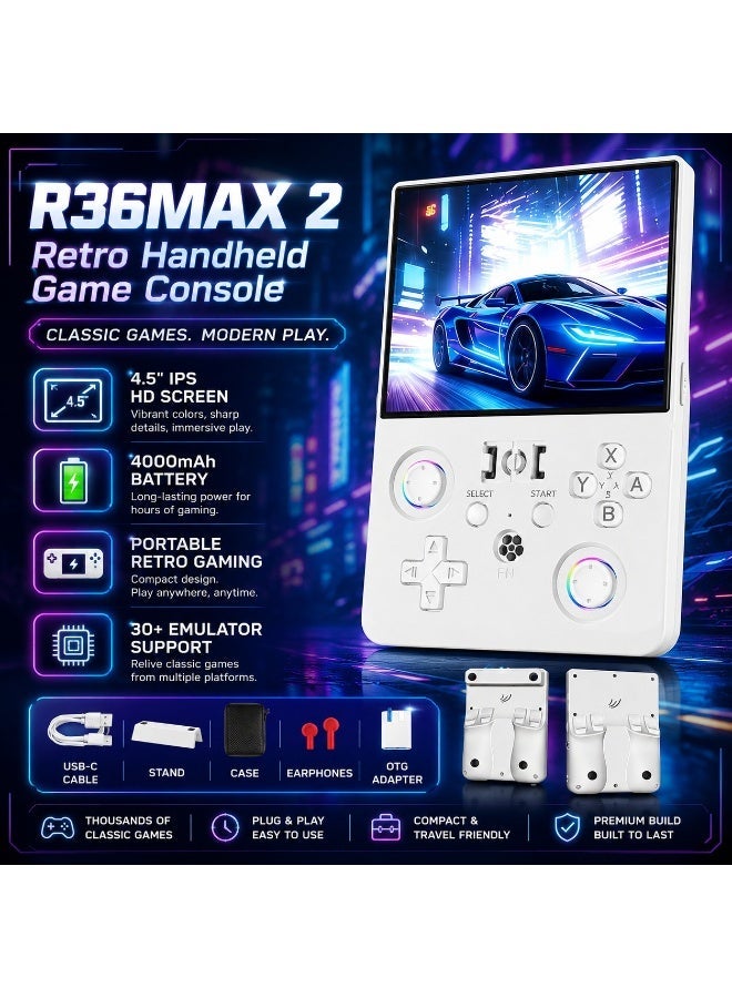 ELTRAZONE R36MAX 2 وحدة تحكم ألعاب محمولة ريترو 4.5 بوصة IPS HD جهاز ألعاب محمول 1.5GHz معالج عالي السرعة بطارية 4000mAh دعم 30+ محاكي لاعب ألعاب أركيد ريترو كلاسيكية باللون الأبيض - Image 1