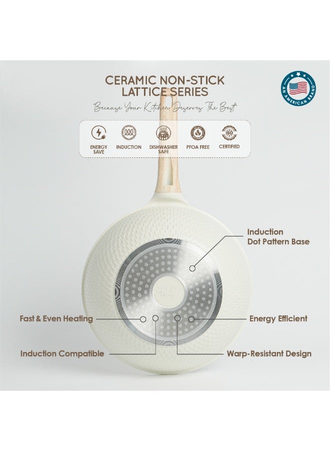 VAV GET Healthy & Safe Ceramic Non-Stick Lattice Series 28 CM Wok With Lid – Induction Compatible, Premium Cream Finish - Image 5