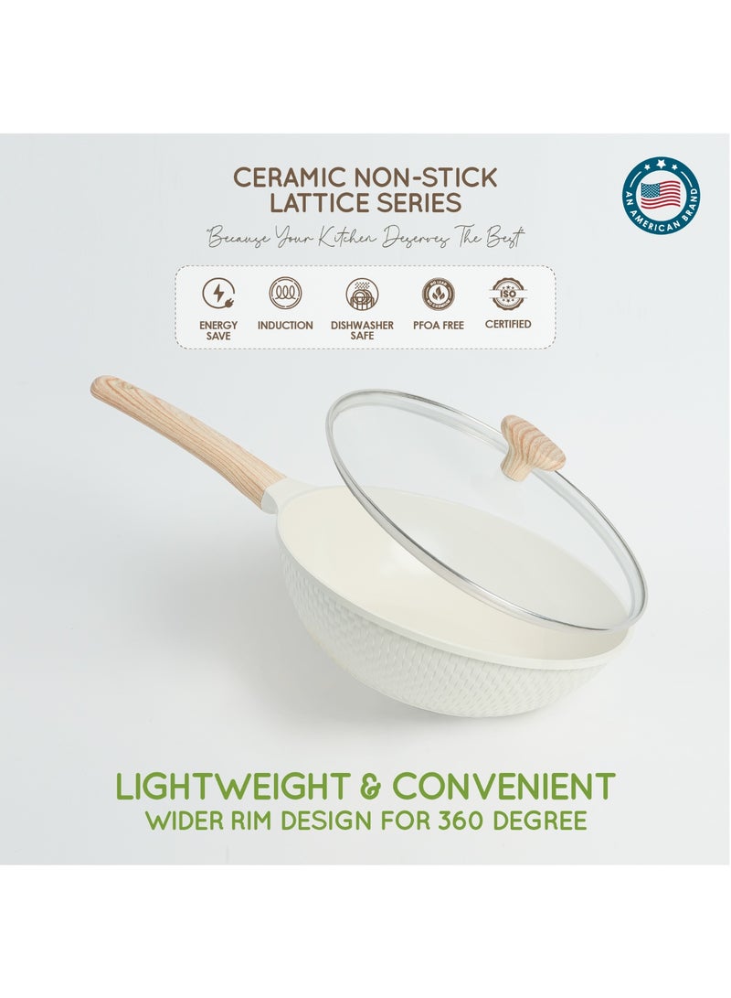 VAV GET Healthy & Safe Ceramic Non-Stick Lattice Series 28 CM Wok With Lid – Induction Compatible, Premium Cream Finish - Image 2