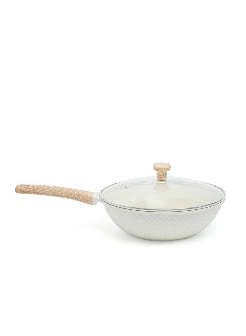 VAV GET Healthy & Safe Ceramic Non-Stick Lattice Series 28 CM Wok With Lid – Induction Compatible, Premium Cream Finish - Image 1