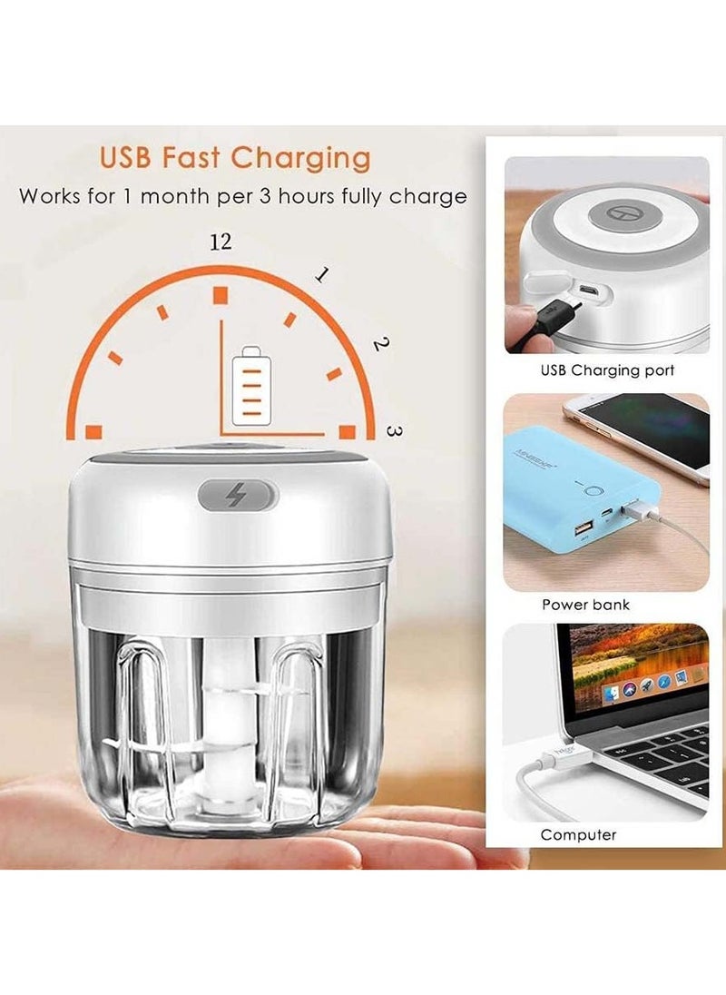مفرمة ثوم كهربائية صغيرة، محضر طعام، مفرمة ثوم محمولة لاسلكية، مفرمة لحم مع شحن USB للخضروات والفلفل الحار والفواكه والزنجبيل وأطعمة الأطفال والتوابل 250 مل (أبيض)