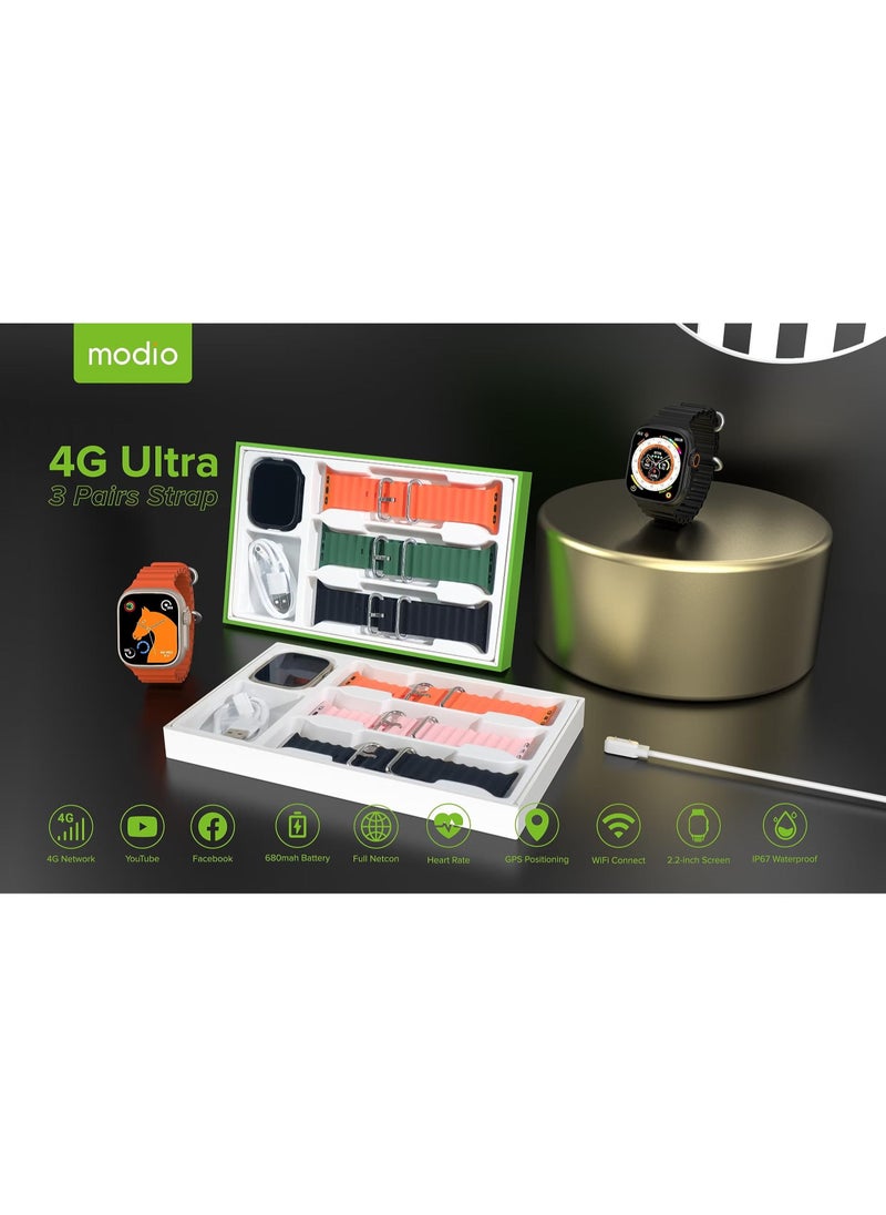 modio 4G Ultra Smart Watch with 2.2 Inch HD Display – SIM Support, Gold – Stylish Men’s Smartwatch with Three Interchangeable Straps, Fitness Tracking, Calls, Notifications, and More - Image 5