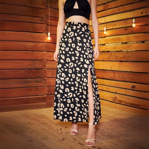 Berrylush Women Black & Beige Animal Print High-Rise Waist Thigh-High Slit Flared A-Line Midi Skirt - Image 2