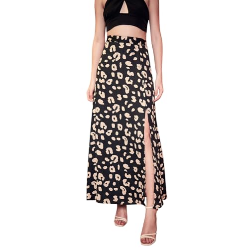 Berrylush Women Black & Beige Animal Print High-Rise Waist Thigh-High Slit Flared A-Line Midi Skirt - Image 1